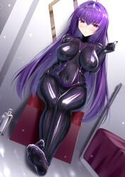 bodysuit breasts covered_navel fate/grand_order fate_(series) feet female headpiece iro_ame_(amewaagada) large_breasts latex latex_bodysuit long_hair no_shoes purple_hair red_eyes scathach_(fate)