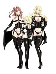 3girls blonde_female blonde_hair blue_eyes bondage boots breasts brown_hair choker colorado_(kantai_collection) corset dominatrix garter_straps gloves high_heel_boots iowa_(kantai_collection) kantai_collection ken_(shutenndouji1) large_breasts latex leotard long_hair multiple_girls navel panties saratoga_(kantai_collection) short_hair source_request thigh_boots zipper_panties