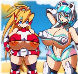 2girls beach ciel_(mega_man) huge_breasts ico_(mega_man) mega_man mega_man_x_dive mega_man_zero multiple_girls robot robot_girl s1-14 tagme