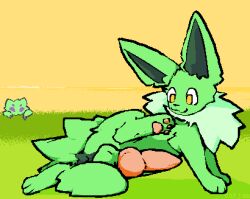 aliasing anus ass catjam_(artist) eeveelution feral fur genitals grass green_body green_fur gryf_(homolution) jolteon joltik kaun_(homolution) knot looking_at_genitalia looking_at_self male nintendo penis plant pokémon_(species) pokemon presenting presenting_hindquarters raised_leg smile video_games yellow_eyes yellow_sky