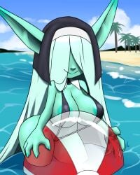 areola areola_slip ball beach beach_ball female furball_(artist) goblin goblin_female hair hi_res hidden_eyes humanoid inflatable long_hair meeya_(furball) nun nun_outfit sea seaside short_stack shortstack smile solo water