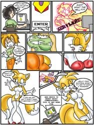 anthro ass_expansion big_breasts blue_eyes breast_expansion breasts brown_hair comic computer ear_growth female gender_transformation hair_color_change human_to_anthro kimbawest lipstick makeup male mostly_nude mtf_transformation original_character rule_63 socks solo sonic_(series) species_transformation tagme tail_growth tails text thighhighs transformation