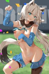 absurdres adapted_costume animal_ears aqua_eyes ascot braid breasts confetti detached_sleeves female fox_ears fox_girl fox_tail fujiko_(emnprmn) highres hololive hololive_gamers hololive_gen_1 hololive_japan large_breasts long_hair nipples pubic_hair revealing_clothes shirakami_fubuki side_braid single_thighhigh skindentation smile solo tail thigh_strap thighhighs very_long_hair virtual_youtuber white_hair