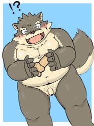 anthro balls belly blush canid canine canis dildo domestic_dog eyebrows flaccid foreskin genitals hi_res lifewonders male mammal moritaka musclegut navel nude panthera7uncia pecs penis sex_toy solo thick_eyebrows tokyo_afterschool_summoners video_games