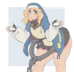 1boy ass ass_visible_from_the_front big_ass big_butt blonde_hair blue_eyes blush bridget butt clothed clothing femboy fingerless_gloves gloves guilty_gear guilty_gear_strive kittenboogers large_ass looking_at_viewer male_only nun's_habit penis simple_background skirt smile solo thick_thighs thighs yo-yo