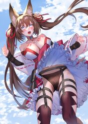 bare_shoulders barely_contained black_panties blue_eyes blush brown_hair caleen_keemosn cameltoe choker commission detached_sleeves embarrassed eyebrows_visible_through_hair fox_ear fox_girl fox_tail garter garter_belt garter_straps hair_ribbon large_breasts miko multiple_tails open_mouth panties runes shocked skirt_lift star_ocean star_ocean_anamnesis sweat thighhighs twintails very_long_hair wide_eyed wind ycco_(estrella)