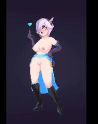 1girls animated areolae big_breasts black_background black_gloves boots bouncing_breasts brawl_stars colette_(brawl_stars) female female_only hair_ornament long_gloves looking_at_viewer lovetame mp4 no_sound pixel_art pussy tagme video white_hair