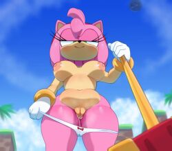 amy_rose anthro breasts clothing female fur furry furry_only hammer handwear low-angle_view pink_fur pink_hair pov pussy reupload solo somescrub sonic_(series) the_moon_(tloz) thick_thighs underwear underwear_down undressing