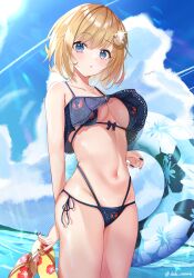 1girls artist_name artist_signature beach big_breasts bikini blonde_female blonde_hair blue_eyes clear_sky female female_only hololive hololive_english hololive_myth innertube mirror mirror_in_hair ocean oozora_halu sandals short_hair solo thighs underboob virtual_youtuber watson_amelia