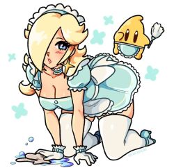 all_fours blonde_female blonde_hair blue_eyes breasts choker cleaning earrings female gloves hair_over_one_eye high_heels juliet_sleeves long_hair luma maid maid_headdress maid_uniform mario_(series) medium_breasts nintendo princess_rosalina raranuki thighhighs