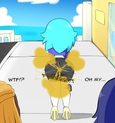 1boy 2girls ass ass bent_over bike_shorts blue_hair dark-skinned_male english_text fart fart_cloud fart_fetish farting high_heels oc original original_character original_characters protorepulsive purse rear_view repulsiveproto shorts text white_skin