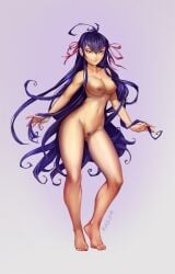 anime_style black_hair breasts bush bushy_pubes cocky cocky_smile dark_hair drifters easy_(drifters) fanart naked nipples pose pubic_hair pussy rayjim red_eyes tights