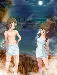 1boy 1girls arm_behind_back blue_eyes blush both_sexes_in_same_situation brown_eyes brown_hair embarrassed eyelashes feet_out_of_frame female hand_on_hip hilbert_(pokemon) hilda_(pokemon) human human_only long_hair looking_at_another male mixed_bathing moon mountain naked_towel nervous night night_sky nintendo ocean pokemon pokemon_bw ponytail sky smile standing steam sweatdrop towel tree water yachi_76573