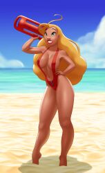 1girls 2022 alternate_version_available areolae barefoot big_breasts bikini blonde_female blonde_hair breasts clothing disney feet female female_only full_body green_eyes hair hand_on_hip hips human legs lifeguard lifeguard_(lilo_and_stitch) lilo_and_stitch lips lipstick long_hair pechi red_bikini red_lips red_lipstick red_sling_bikini rescue_buoy sand sling_bikini solo solo_female swimsuit swimwear thick_lips thighs water