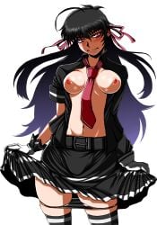 anime_style black_hair black_skirt black_uniform breasts breasts_out dark_hair drifters easy_(drifters) embarrassed fanart hikora nipples panties_down red_eyes school_uniform schoolgirl tie_between_breasts