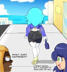 1boy 2girls ass beauty_mark bent_over bike_shorts blue_hair blush dark-skinned_male english_text green_eyes high_heels oc open_mouth original original_character original_characters panty_poop panty_pooping protorepulsive purse rear_view repulsiveproto scat shitting shitting_self shorts smile soiling text white_skin yuri