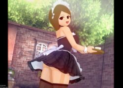 ass bare_shoulders brown_hair cowboy_shot detached_sleeves freefaller happy holding_object koikatsu looking_back maid maid_apron maid_headdress maid_uniform mii mii_gunner mii_gunner_(smash_ultimate) mob_face mug nintendo open_mouth outdoors smile super_smash_bros. super_smash_bros._ultimate thighhighs zettai_ryouiki