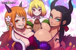 1boy 3girls absurd_res anthro beast_pirates_(cosplay) big_penis black_hair blonde_female blonde_hair blush breasts carrot_(one_piece) female femdom foursome green_eyes group_sex high_resolution horn huge_breasts huge_cock kameseru large_penis light-skinned_male looking_at_viewer male monkey_d_luffy nami nico_robin one_piece orange_eyes orange_hair paizuri penis post-timeskip pov red_eyes seductive_look seductive_smile smile titjob triple_paizuri