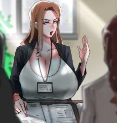 cleavage curvy female gigantic_breasts huge_breasts indoor jacket long_hair mature milf office_chief office_lady office_uniform original original_character saruuchi thick_thighs wife working