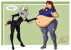 2girls axel-rosered bbw belly belly_overhang big_belly big_breasts black_cat_(marvel) breasts chubby chubby_female cleavage dialogue fat fat_shaming felicia_hardy female large_breasts marvel mary_jane_watson obese obese_female overweight overweight_female red_hair spider-man_(series) text weight_gain white_hair