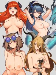 4girls :d animal_ears areolae arknights bagpipe_(arknights) bare_shoulders big_breasts blonde_hair blue_eyes blue_hair blush bouncing breasts brown_hair completely_nude degenbrecher_(arknights) exposed_breasts female female_only hand_on_own_chest hands_behind_head happy highres horns large_breasts light-skinned_female ling_(arknights) long_hair looking_at_viewer magenta_eyes medium_breasts multiple_girls naked navel ninra nipples nude one_eye_closed open_mouth open_smile orange_hair pointy_ears purple_eyes short_hair smile smug sunglasses sunglasses_on_head sweatdrop utage_(arknights) very_long_hair waist yellow_eyes