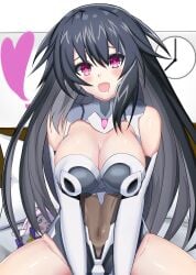 2023 bed bedroom belly black_hair blush bodysuit breasts cleavage compile_heart covered_navel doll drooling gray_hair gray_sister grey_hair heart idea_factory long_hair neptunia_(series) on_top pillow pink_eyes power_symbol-shaped_pupils room sitting stiris_rangetsu stomach