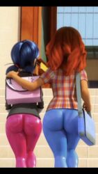 2girls 3d alternate_ass_size alya_cesaire ass back_view big_ass blue_hair brown_hair clothed clothed_female dark-skinned_female dark_skin edit female female_only ferjuasi fully_clothed marinette_dupain-cheng miraculous:_tales_of_ladybug_and_cat_noir miraculous_ladybug multiple_girls rear_view school screenshot screenshot_edit standing tight_ass tight_clothing tight_pants