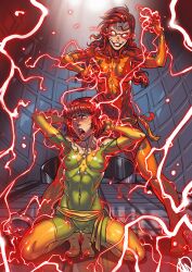 2girls areolae female female_focus female_only fully_clothed ganassa ginger ginger_hair highres jean_grey marvel marvel_comics medium_breasts nipples nipples_through_clothes phoenix_(x-men) psychic psychic_powers red_hair skin_tight skin_tight_suit small_breasts teenager telepathic_sex tight_clothing torn_clothes torn_clothing x-men young younger_female