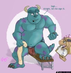 2boys absurd_res annoyed anthro balls belly bench bodily_fluids bulge character_request claws clothing disney dragon drooling duo english_text feet fur garo_(artist) gay genital_fluids genitals hi_res holding_object jockstrap looking_away male male/male male_only monster monsters_inc navel pecs pixar precum raised_leg saliva shaded signature simple_background slightly_chubby sulley text towel underwear