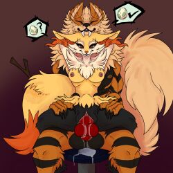 absurd_res anthro arcanine bodily_fluids braixen closed_eyes cum cum_inside duo ejaculation fangs female genital_fluids hi_res kirikoi knot male male/female nintendo nipples on_lap pokemon pokemon_(species) pregnancy_risk presenting sitting_on_lap size_difference spread_legs spreading video_games