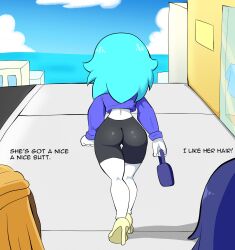 1boy 2girls ass ass bike_shorts blue_hair dark-skinned_male english_text high_heels oc original original_character original_characters protorepulsive purse rear_view repulsiveproto shorts text white_skin