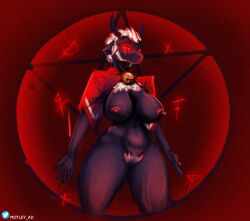 2022 anthro bell bell_collar black_body bovid breasts cape caprine clothed clothed/nude clothing collar cult_of_the_lamb devolver_digital digital_media_(artwork) female fur glowing glowing_eyes hair hi_res horn lamb_(cult_of_the_lamb) mammal motley_ad nude red_eyes sheep simple_background solo white_hair