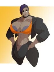 1futa areola_slip areolae big_breasts breasts bulge clothed clothing dark-skinned_futanari dark_skin futa_only futanari human mostly_clothed muscular muscular_futanari nipples nosunato penis short_hair solo standing top_heavy