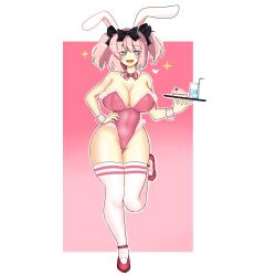 bunny_ears bunnysuit fake_animal_ears food fuamyero hibari_(senran_kagura) hourglass_figure large_breasts legwear looking_at_viewer naughty_face pink_hair senran_kagura tagme thick_thighs water white_legwear