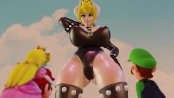 2020s 2022 2boys 2girls 3d animated big_boobs blonde_female bodysuit bowsette dancing female giant kishi luigi male mario mario_(series) mp4 new_super_mario_bros._u_deluxe nintendo no_sound princess_peach short_playtime super_mario_bros. tagme video