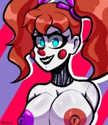 animatronic big_breasts clown clown_girl cyan_eyes eleanor_(fnaf) five_nights_at_freddy's fnaf orange_hair purple_nipple red_nose robot smile yonozai