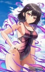 1girls angry aura beach cleavage corruption dark_aura dark_hair female female_only fire_emblem fire_emblem_awakening frown grima_(fire_emblem) hand_on_hip looking_at_viewer medium_breasts medium_hair morgan_(fire_emblem) morgan_(fire_emblem)_(female) nintendo one-piece_swimsuit purple_swimsuit rayleigh red_eyes solo swimsuit