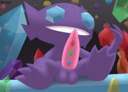 absurd_res animal_genitalia animal_penis balls big_penis claws crystal digital_media_(artwork) erection feet foot_focus gem genitals ghost hi_res holding_gem holding_object jewelry looking_at_viewer male nintendo penis pokémon_(species) pokemon presenting presenting_balls presenting_penis purple_body sableye sheath simple_background smile solo spirit teeth varium video_games