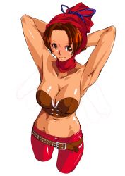 1girls annie_hamilton arikawa armpits arms_behind_head breasts brown_eyes brown_hair cleavage female female_only large_breasts legs midriff navel pants power_instinct sensual thighs