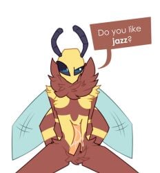 2022 anthro bald bee blue_eyes brown_fur corgus enthusiastic fur hymenopteran insect insect_wings knot looking_at_viewer male precum precum_drip question solo thin yellow_fur yellow_knot