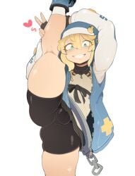 <3 1boy backsack balls bike_shorts blue_eyes bridget bridget_grin bulge femboy fully_clothed guilty_gear guilty_gear_strive leg_hold male male_only shinolara shorts smile solo standing_on_one_leg thick_thighs thighs trap