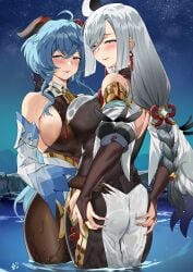 2022 2girls aether_(genshin_impact) ahoge ass before_sex blue_eyes blue_hair blush bodystocking braided_hair breast_to_breast breasts clothed_female club3 detached_sleeves female ganyu_(genshin_impact) genshin_impact hair_ornament hair_over_one_eye height_difference hi_res hips horns huge_ass huge_breasts light-skinned_female light_skin long_hair looking_at_viewer nanaya_(daaijianglin) naughty_face outdoors purple_eyes shenhe_(genshin_impact) slim_waist suggestive_look thick_thighs thighs water white_hair wide_hips