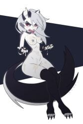 1girls 2d_(artwork) anthro blush bottomless breasts canid canid_demon canine cartoony cum_covered cum_in_pussy cum_on_body cum_on_breasts cum_on_face cum_on_leg cum_on_thighs demon demon_girl female female_only furry hellhound helluva_boss high_resolution kyde legwear loona_(helluva_boss) mammal multicolored_fur nipples nude nude_female red_eyes solo tail tongue tongue_out topless wolf