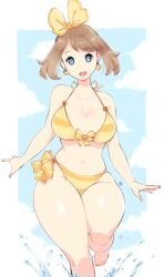 1girls 2022 bikini blue_eyes breasts brown_hair female female_only highres hips huge_breasts kenron_toqueen light-skinned_female light_skin long_hair may_(pokemon) may_(pokemon_oras) nintendo pokemon pokemon_oras slim_waist striped_bikini thick_thighs thighs wide_hips