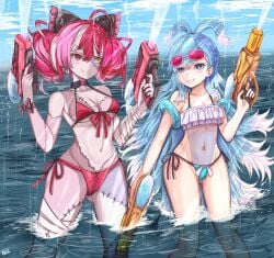 2girls bikini female_only hololive hololive_indonesia hololive_indonesia_holoh3ro hololive_indonesia_holoro kobo_kanaeru kureiji_ollie long_hair nug66 patchwork_skin sunglasses_on_head swimsuit virtual_youtuber water watergun watermark