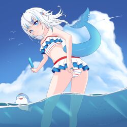 adjusting_clothes adjusting_swimsuit amrb ass bangs bare_back beach bent_over bikini bloop_(gawr_gura) blue_sky blush cloud cloudy_sky day female fish frilled_bikini from_behind gawr_gura hololive hololive_english hololive_myth leaning_forward looking_at_viewer looking_back ocean outdoors partially_submerged popsicle shark_girl shark_tail sky smile standing streaked_hair summer sunlight swimsuit two-tone_hair underwater virtual_youtuber wading water