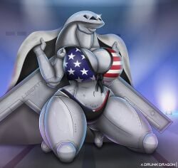 a_drunk_dragon aeromorph aircraft american_flag american_flag_bikini b-21 living_aircraft living_machine no_humans pinup showing_off simple_background smirk