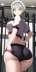 ai_generated ass ass_grab bubble_butt buruma danganronpa danganronpa_v3 green_eyes green_hair gym gym_uniform hand_on_hip looking_at_viewer looking_back maid maid_headdress midriff n.c.b_ai nai_diffusion shorts smile stable_diffusion toujou_kirumi