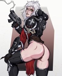 1girls adepta_sororitas anus armor bare_ass blonde_female bolter female female_focus female_only fleur-de-lis fleur-de-lis_(symbol) gun imperium_of_man looking_at_viewer looking_back power_armor purity_seal pussy scar scars sister_of_battle solo solo_female tagme thighhighs vagina warhammer_(franchise) warhammer_40k white_hair yellow_eyes zulidian