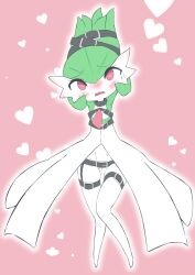 armpits arms_up ass_visible_through_thighs bangs belt black_choker blush bob_cut bondage bound bound_arms bright_pupils choker collarbone colored_skin cute embarrassed female flat_chest flat_color full_body gardevoir green_hair green_skin hair_between_eyes head_tilt heart highres knees_together_feet_apart looking_at_viewer m3_(gardevoir_m3) multicolored_skin no_breasts no_humans nose_blush open_mouth outline pink_background pokemon pokemon_(species) pussy_juice red_eyes short_hair simple_background skindentation solo standing straight-on sweat thigh_gap thigh_strap thighs two-tone_skin wavy_mouth white_outline white_pupils white_skin wide-eyed wide_hips